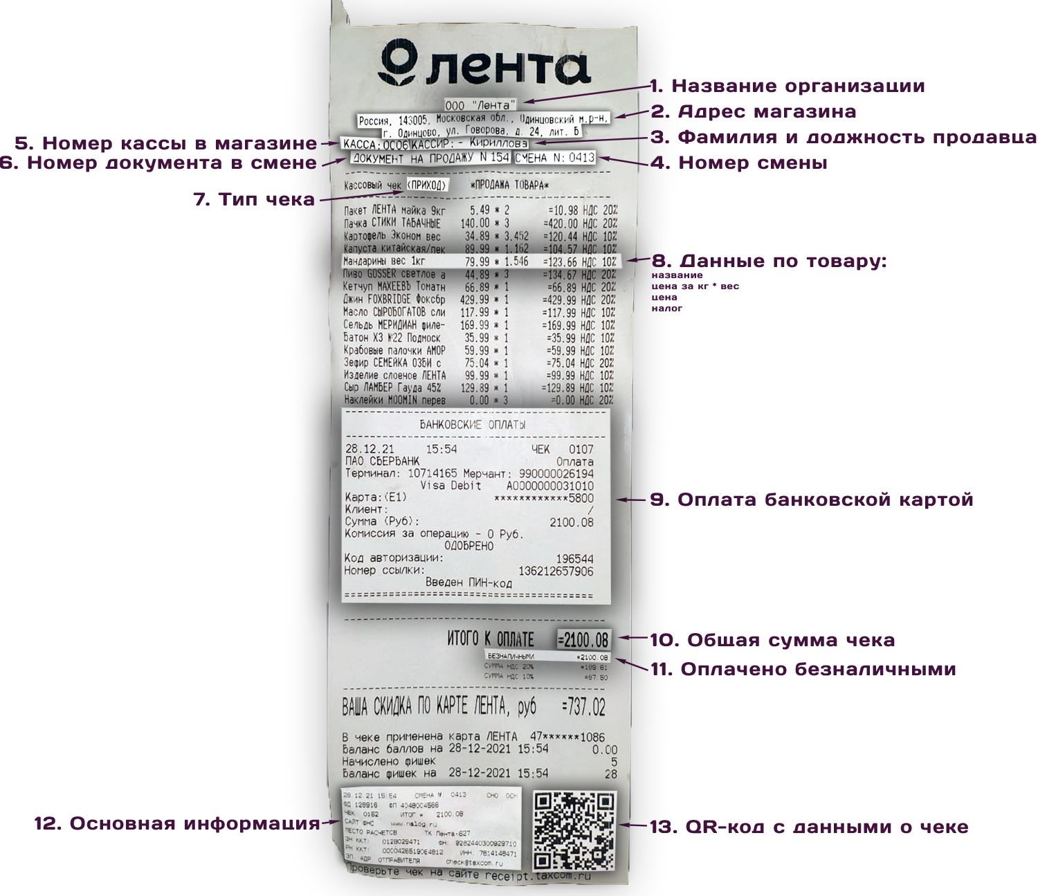 Кассовый чек магазине Лента с реквизитами Кассовый чек магазине Лента с реквизитами